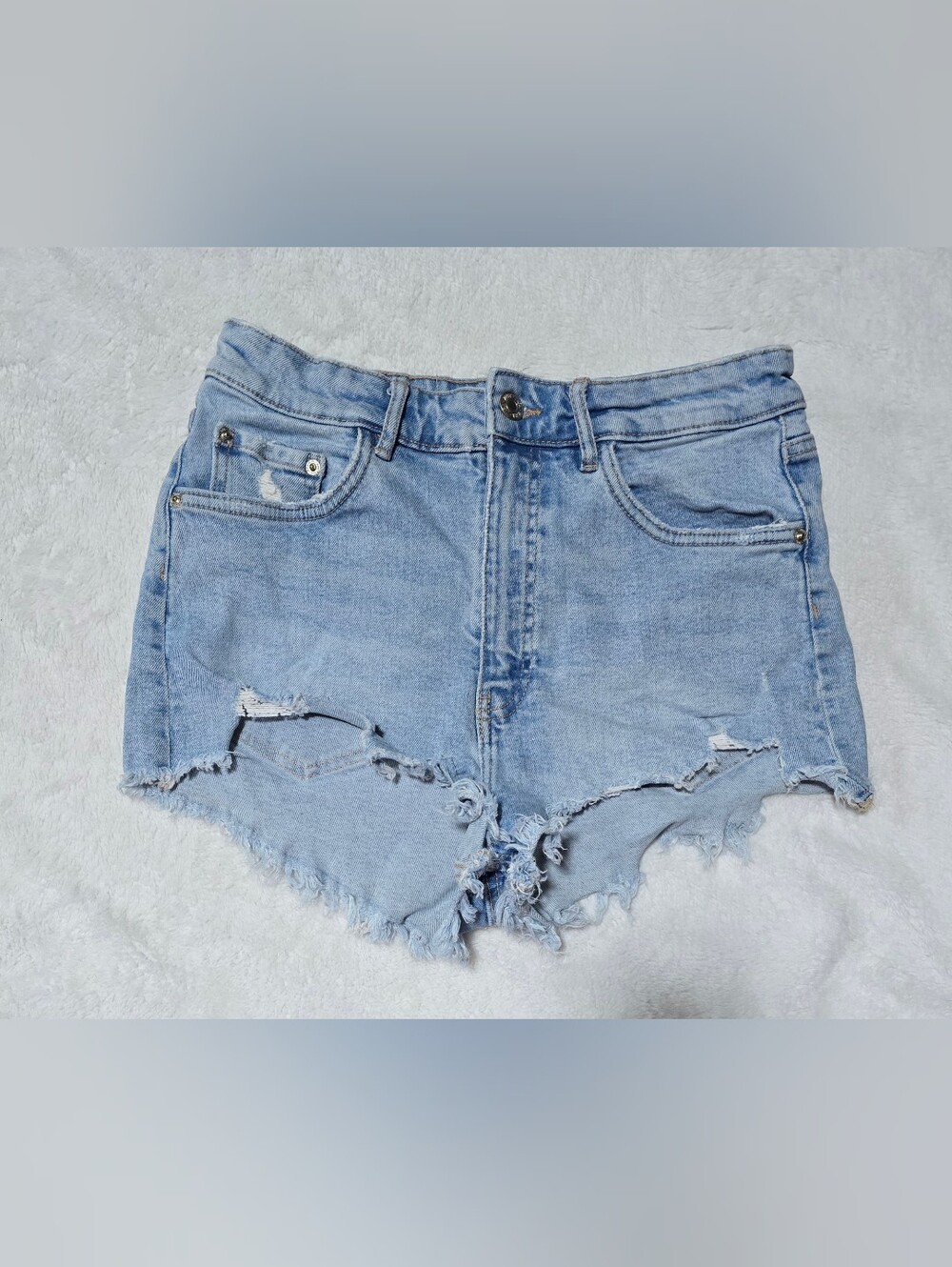 Zara Jean Shorts Size 8 Denim Cut Off Stretch Jeans Distressed Mini High Hi Rise